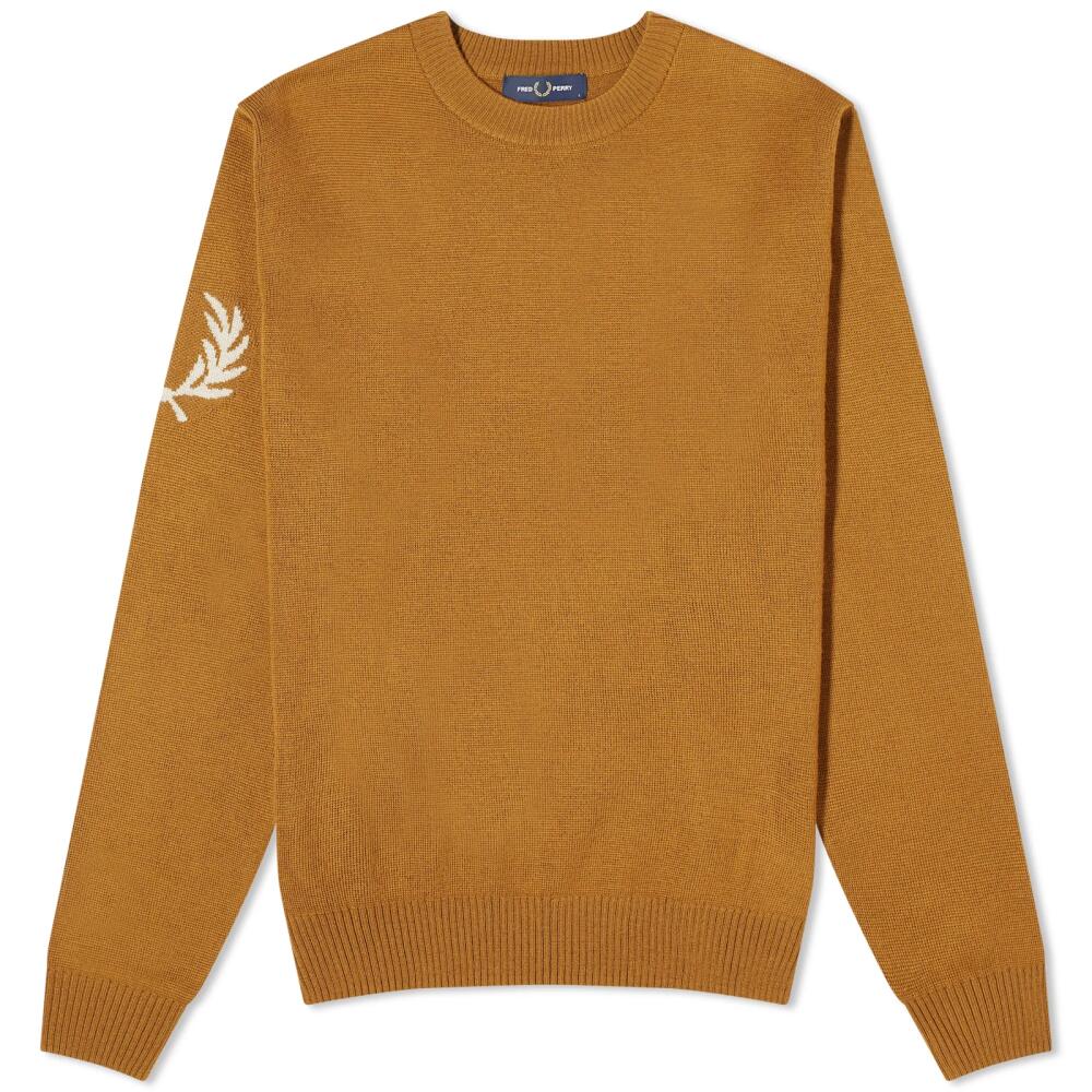 Fred Perry Men's Intarsia Laurel Wreath Crew Neck Knit in Dark Caramel Cover