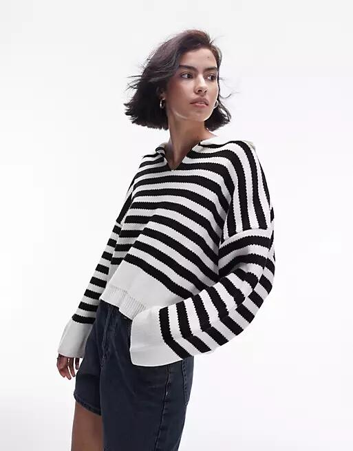 Topshop knit collared striped sweater in mono-Black Cover