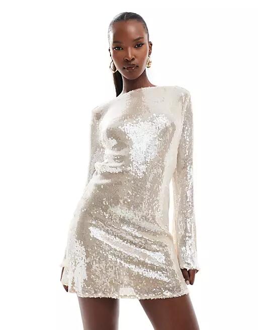 Rare London shiny sequin cowl back mini dress in champagne-Neutral Cover