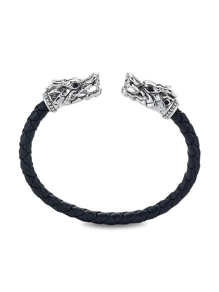 Eli Pebble Men's Sterling Silver, Leather & Black Spinel Dragon Braided Cuff Bracelet Cover