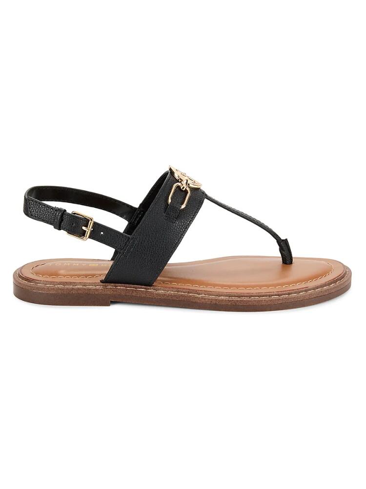 Tommy Hilfiger Women's Faux Leather Logo Thong Sandals - Black Cover