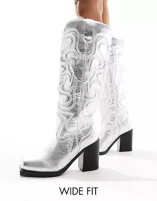 Public Desire Wide Fit Austine knee boot with western stitching in metallic silver Cover