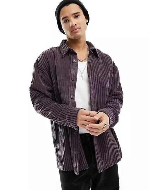 Reclaimed Vintage long sleeve cord shirt in plum-Black Cover