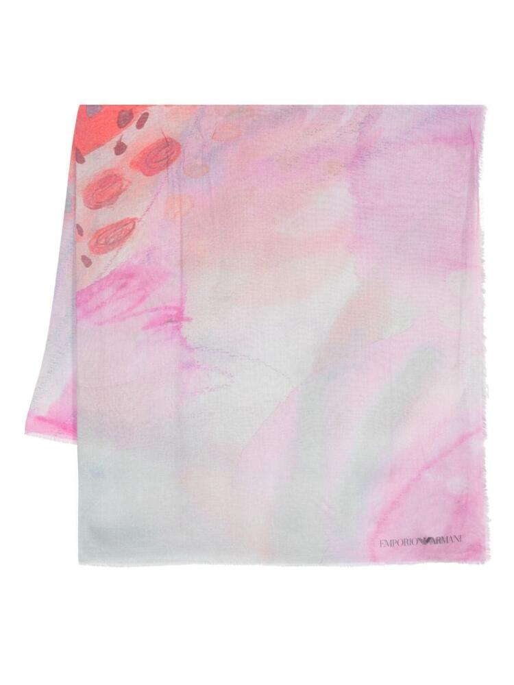 Emporio Armani graphic-print frayed scarf - Pink Cover