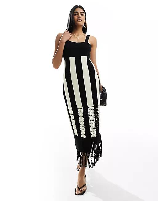 & Other Stories knitted midi dress with crochet tassel hem detail in black and white stripes Cover