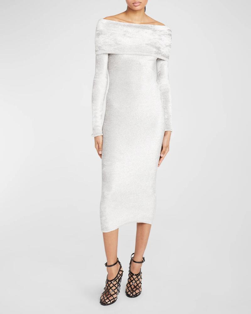 ALAIA Foldover Off-The-Shoulder Fuzzy Knit Midi Dress Cover