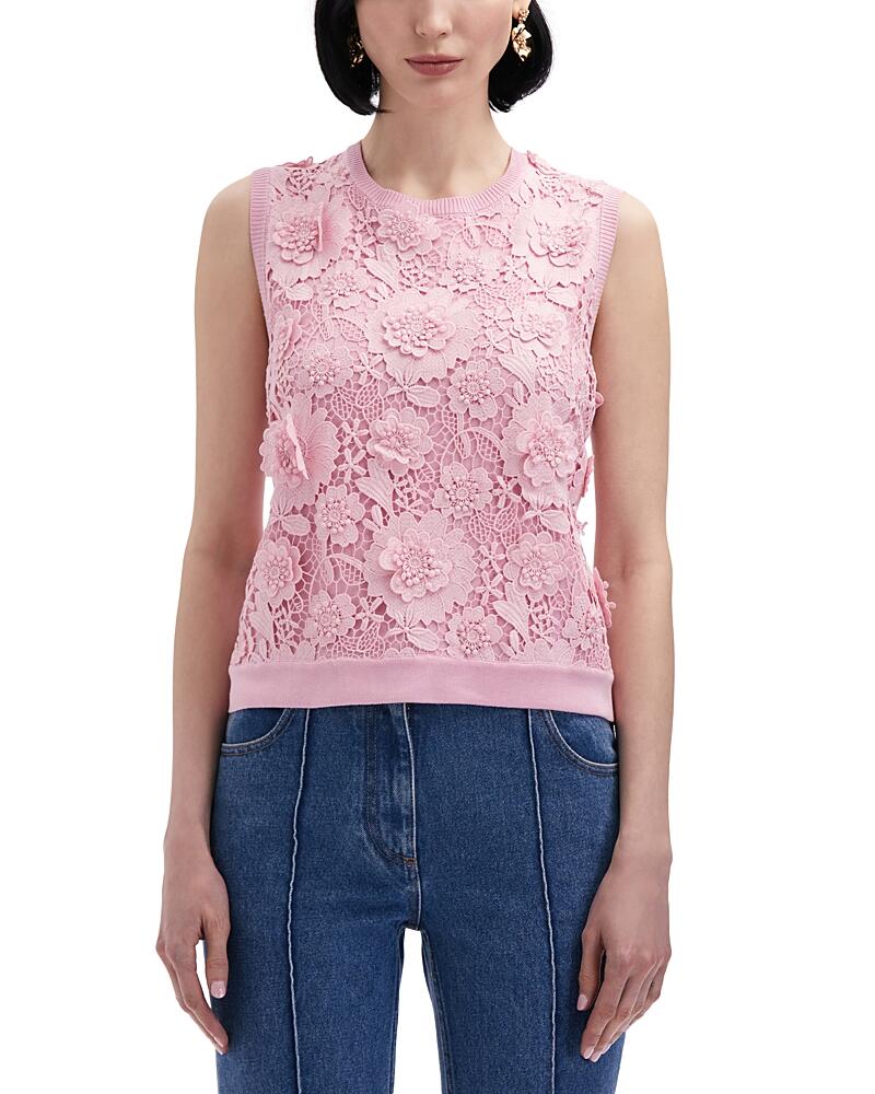 Oscar de la Renta Floral Guipure Inset Sleeveless Silk Sweater Cover