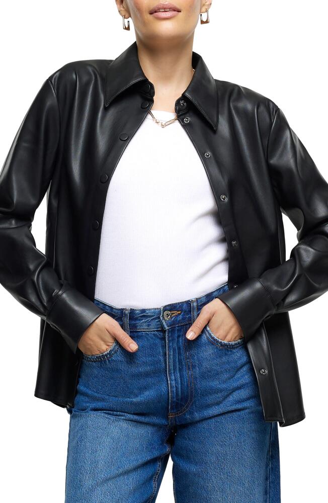 River Island Snap Front Faux Leather Shirt in Black Cover