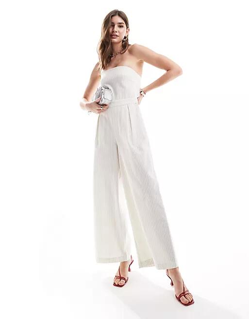 Pretty Lavish strapless jumpsuit with pockets in cream stripe-White Cover