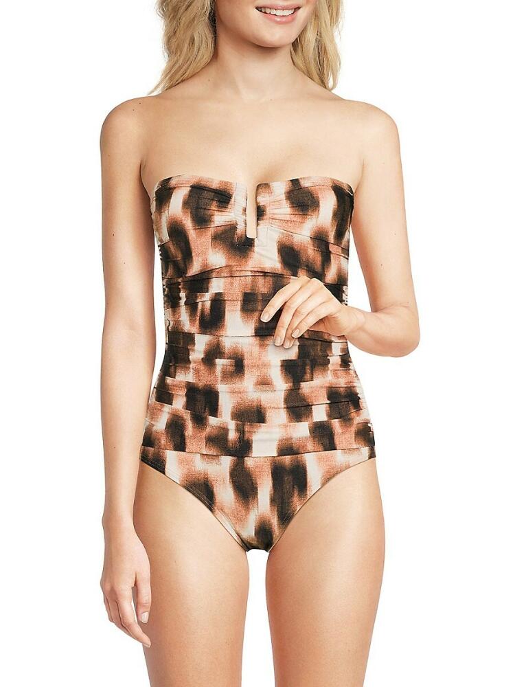 DKNY Women's Bandeau Ruched One Piece Swimsuit - Leopard Cover