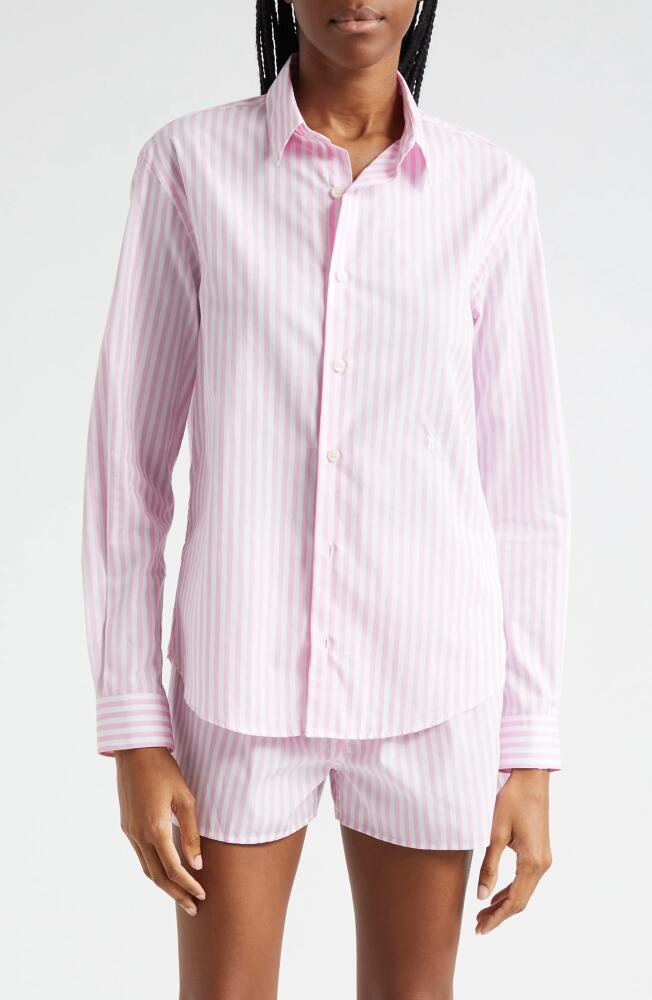 Sporty & Rich Stripe Cotton Button-Up Shirt in White/Pink Large Stripe Cover