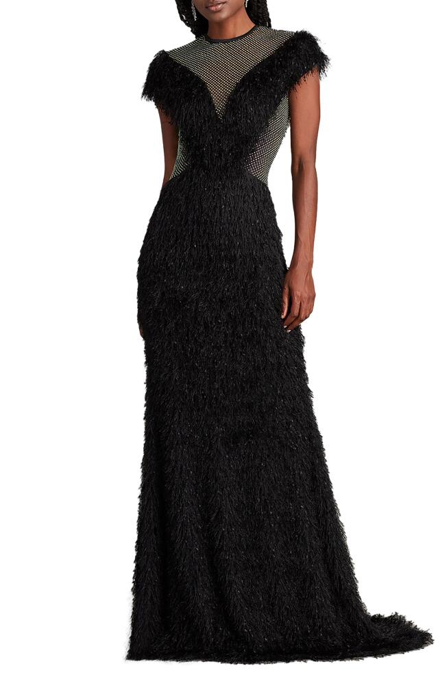 Tadashi Shoji Mixed Media Fringe & Bead Gown in Black Cover