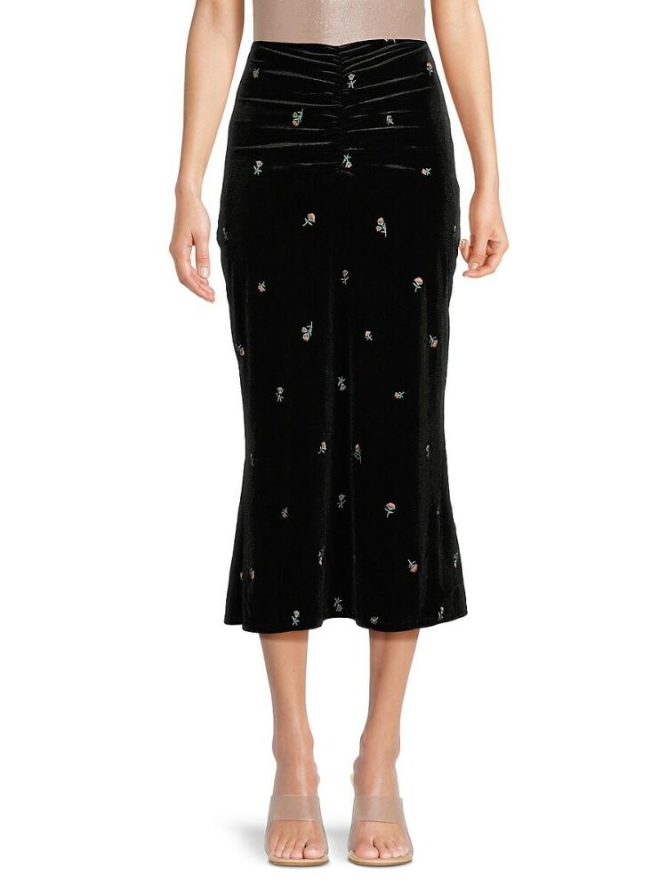 WeWoreWhat Women's Floral Velvet Midi Skirt - Black Multi Cover