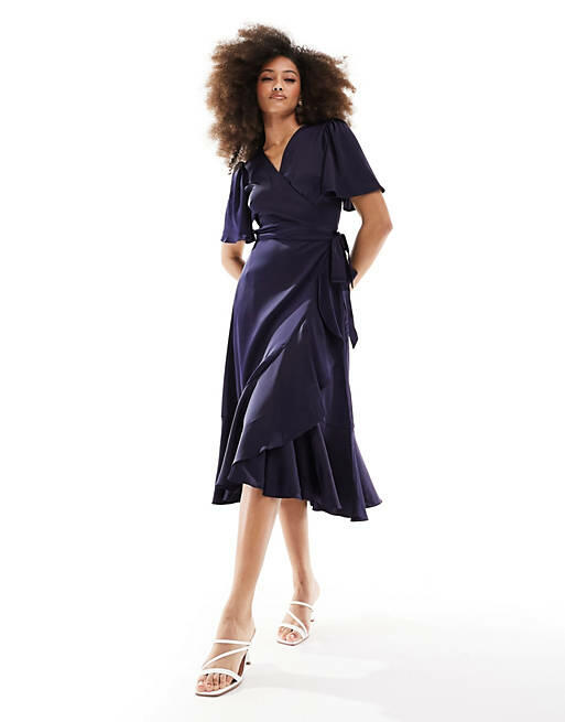 YAS Bridesmaid satin wrap midi dress in navy Cover