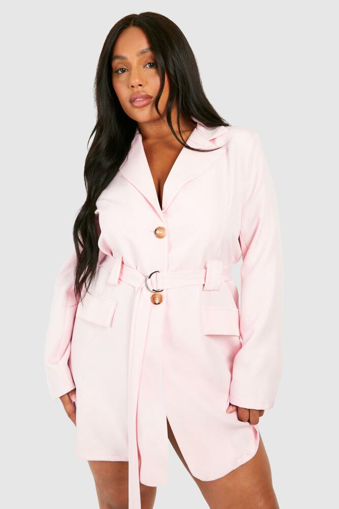 boohoo Womens Plus Utility Linen Look Belted Blazer Dress - Pink Cover