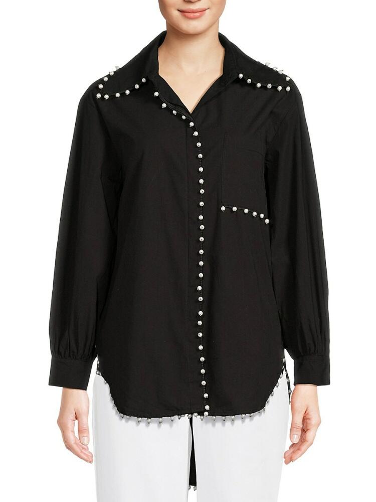 Lea & Viola Women's High-Low Pearl Studded Button Down Shirt - Black Cover