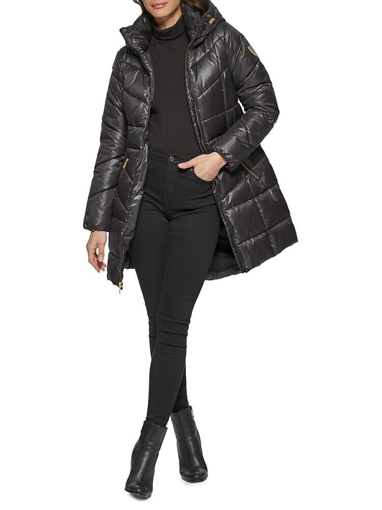 Guess Women's High Shine Hooded Parka - Black Cover