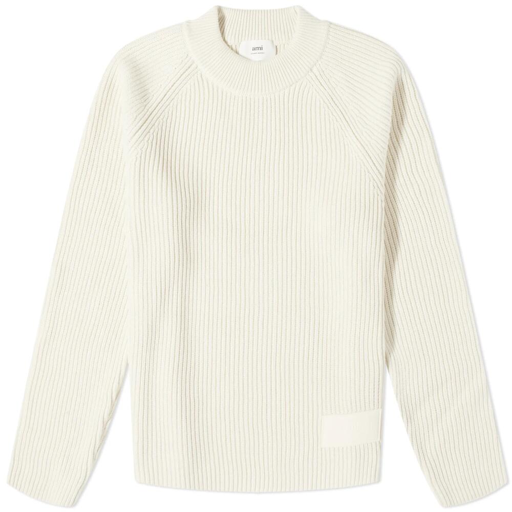 AMI Paris Men's Logo Label Ribbed Crew Knit in Ivory Cover