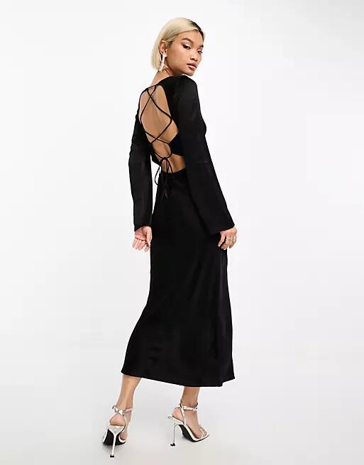 & Other Stories satin lace-up open back midi dress in black Cover