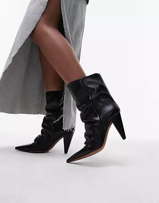 Topshop Wide Fit Nadia real leather pointed cone heel ankle boots in black Cover