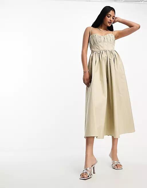 ASOS DESIGN Cotton structured prom midi dress with corset detail in stone-Neutral Cover