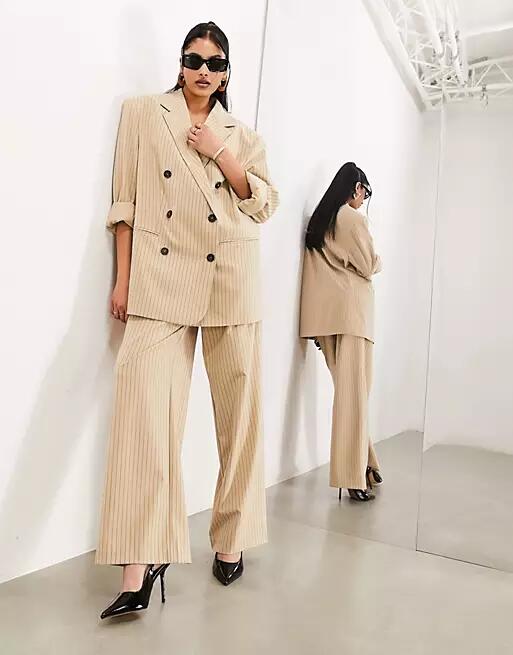 ASOS EDITION tailored relaxed wide leg pants in taupe pinstripe - part of a set-Brown Cover