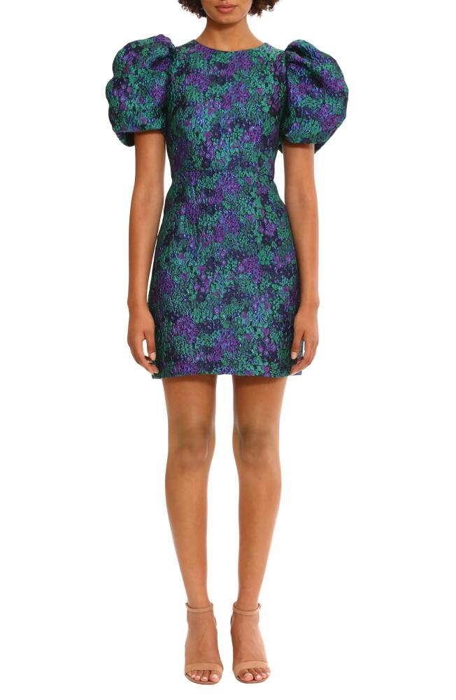 DONNA MORGAN FOR MAGGY Metallic Puff Sleeve Brocade Minidress in Black Blue Green Cover