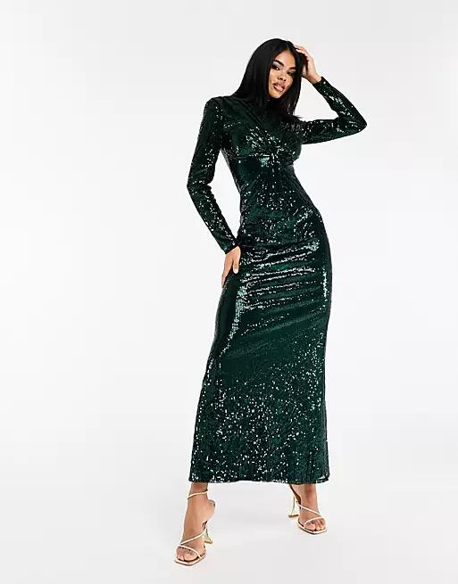 Jaded Rose twist front sequin maxi dress in emerald-Green Cover