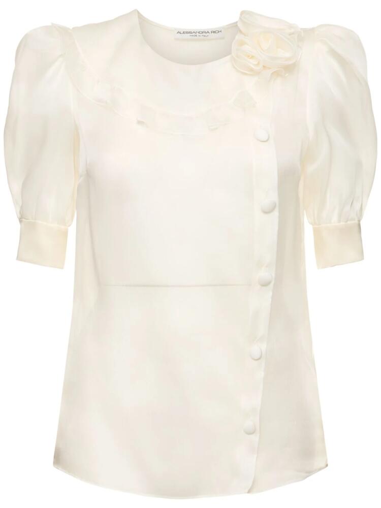 ALESSANDRA RICH Silk Organza Blouse W/ Rose Appliqués Cover