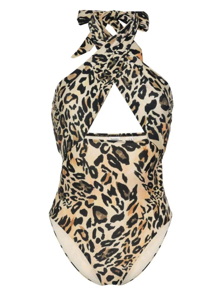 Nanushka leopard-neck halterneck swimsuit - Neutrals Cover