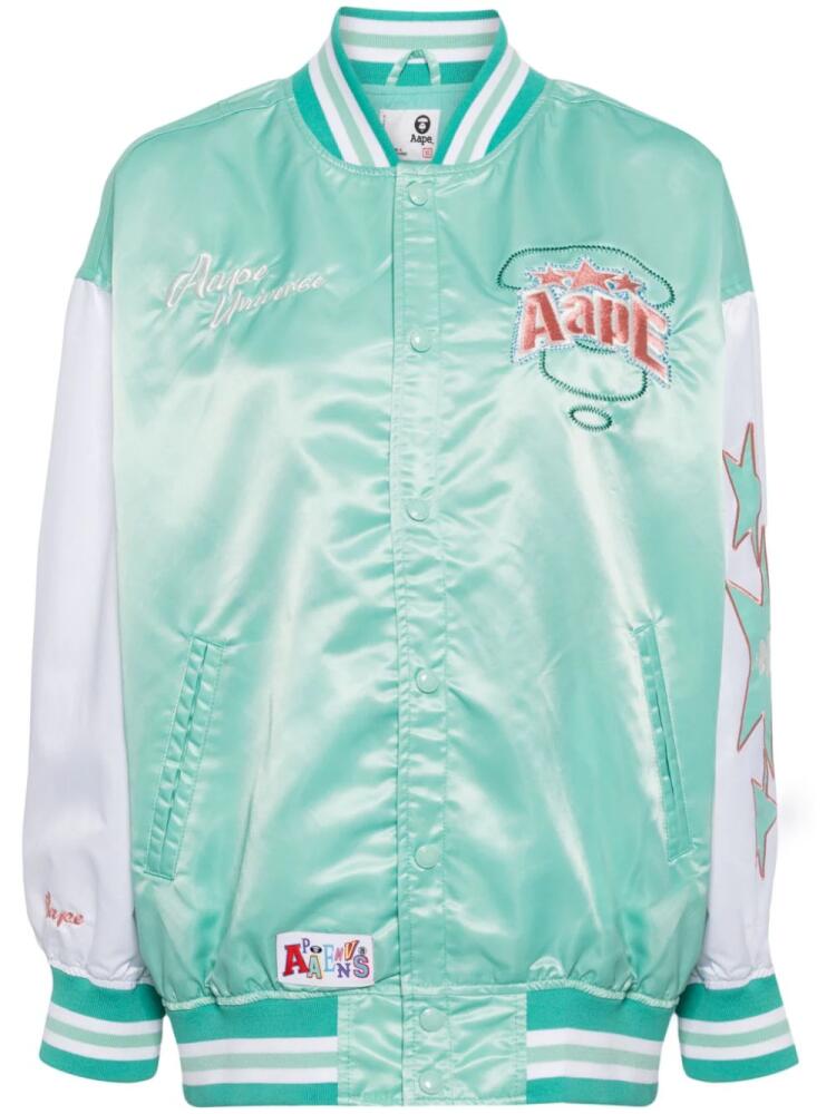 AAPE BY *A BATHING APE® logo-embroidered satin varsity jacket - Green Cover