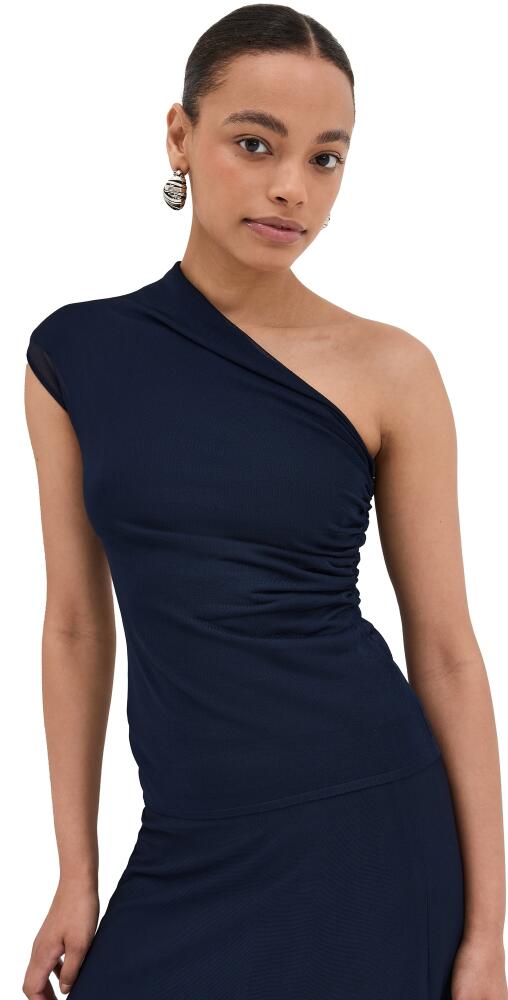 Brandon Maxwell The Leah One Shoulder Sheer Knit Tee Navy Cover