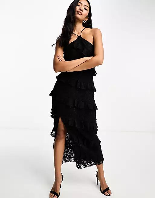 Style Cheat ruffle maxi dress with split in black lace Cover