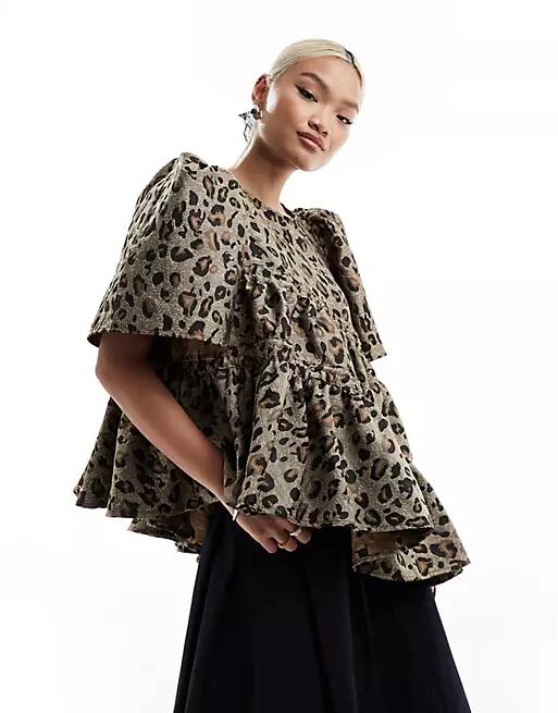 Ghospell asymmetric ruched top in leopard print-Brown Cover