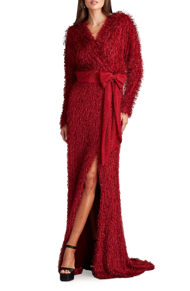 Tadashi Shoji Allover Fringe Long Sleeve Gown in Wine Cover