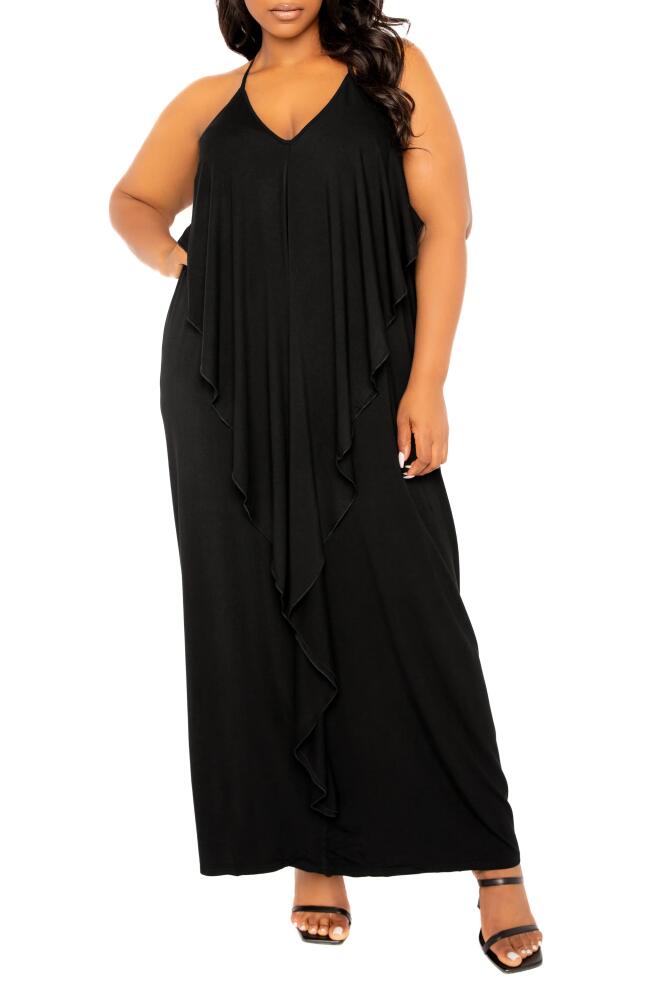 BUXOM COUTURE Cascade Ruffle Racerback Maxi Dress in Black Cover