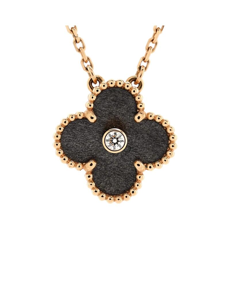 Pre-Owned Van Cleef & Arpels Vintage Alhambra Pendant Necklace 18K Rose Gold and Silver Obsidian with Diamond Cover