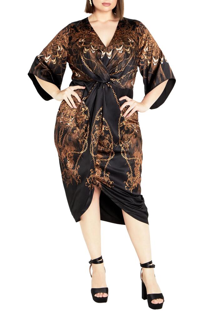 City Chic Priscilla Print Twist Front Midi Dress in Black/Gold Lavish Cover