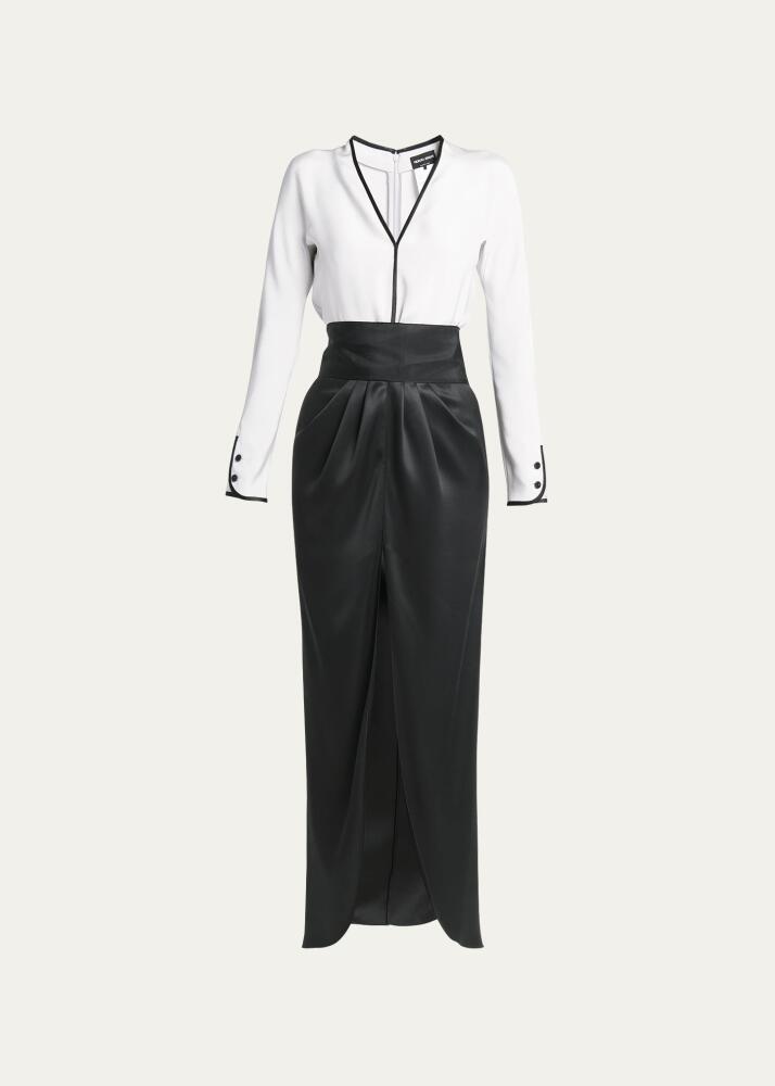 Giorgio Armani Bicolor Tuxedo Silk Column Gown with Sash Cover