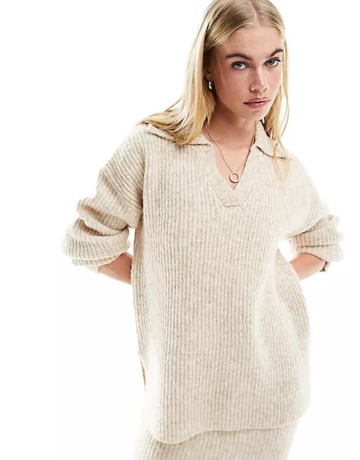 ASOS DESIGN collared sweater in oatmeal - part of a set-Neutral Cover