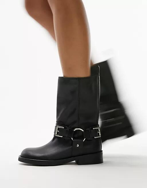 Topshop Lea premium leather biker boots in black Cover