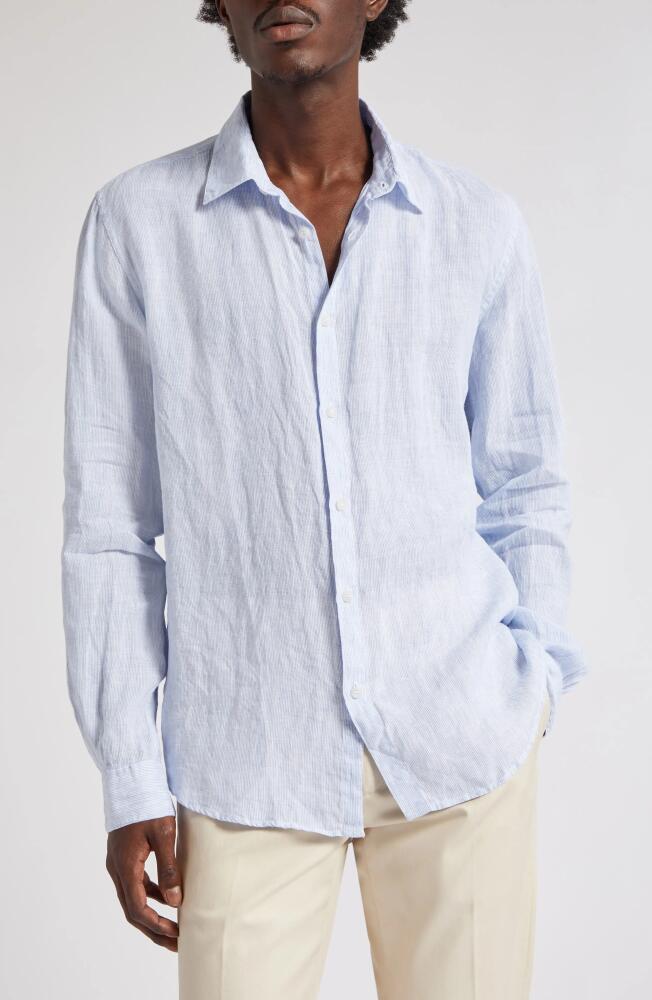 Sunspel Stripe Linen Button-Up Shirt in Cool Blue Micro Stripe Cover