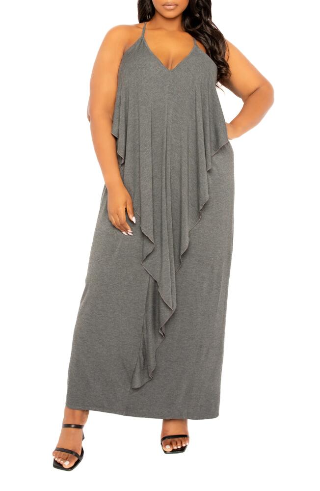 BUXOM COUTURE Cascade Ruffle Racerback Maxi Dress in Charcoal Gray Cover