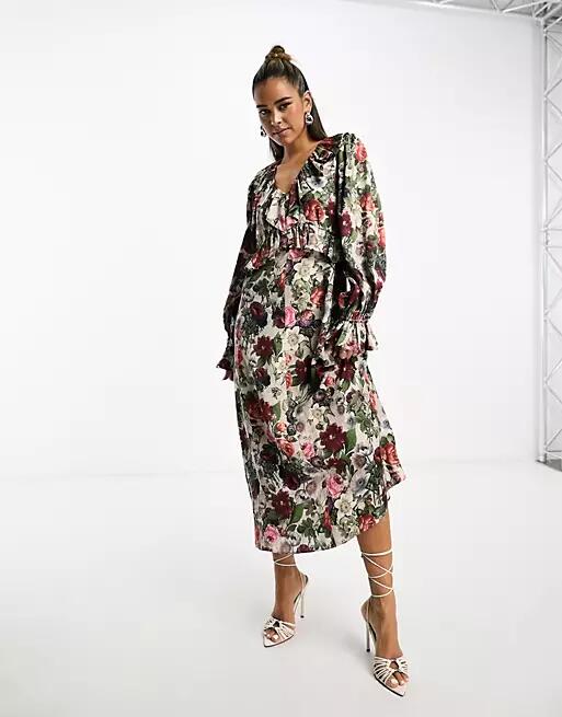 & Other Stories v neck frill midi dress in vintage floral print-Multi Cover