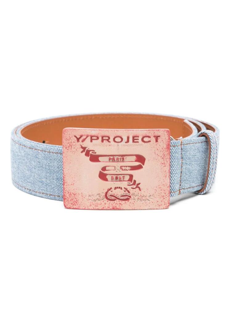 Y/Project logo-buckle denim belt - Blue Cover