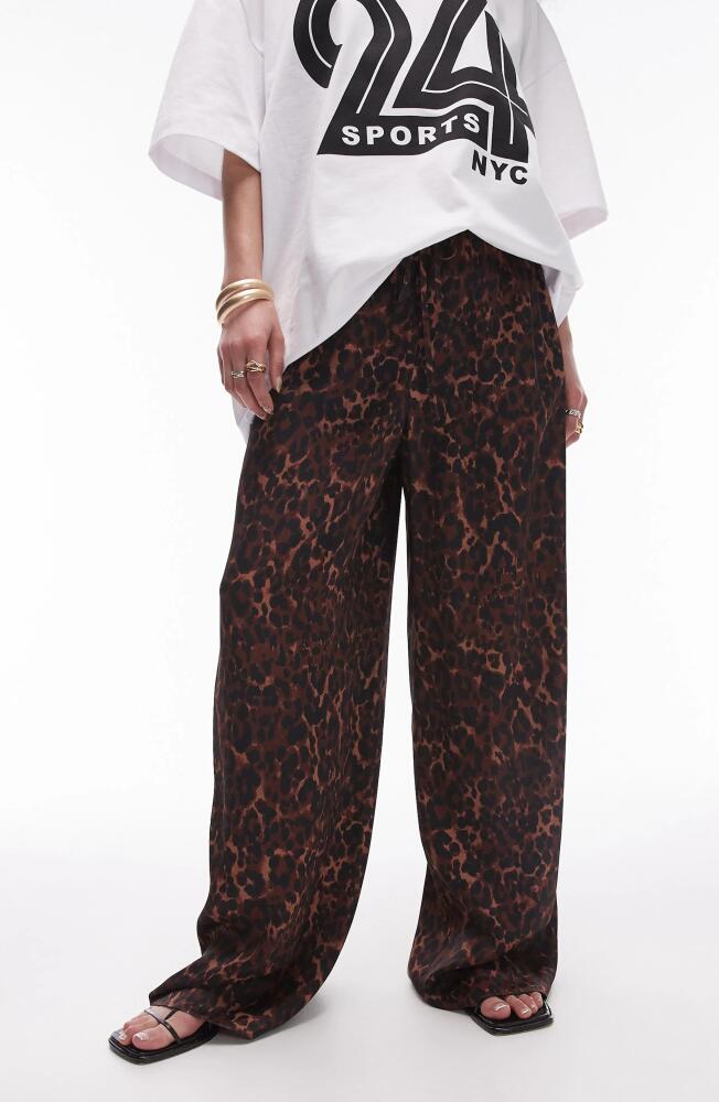 Topshop Animal Print Wide Leg Drawstring Pants in Brown Cover