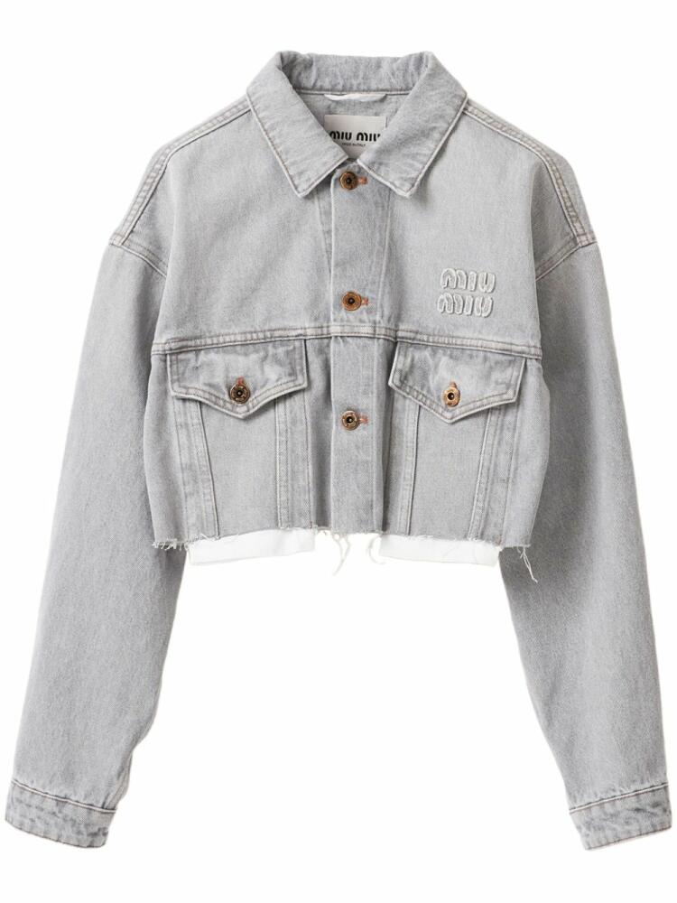 Miu Miu logo-appliqué cropped denim jacket - Grey Cover