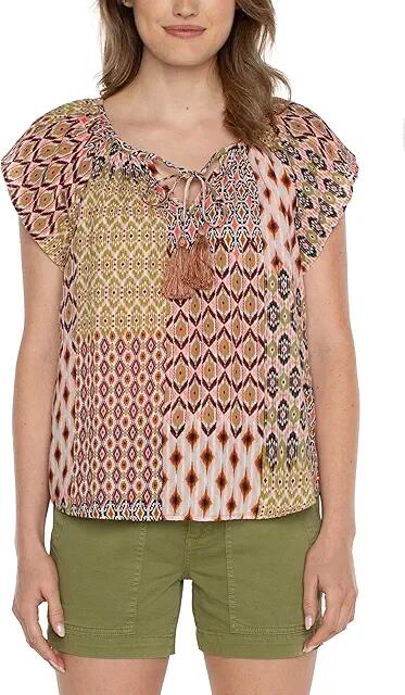 Liverpool Los Angeles Flutter Sleeve Woven Top with Tie Detail (Geo Patchwork) Women's Clothing Cover