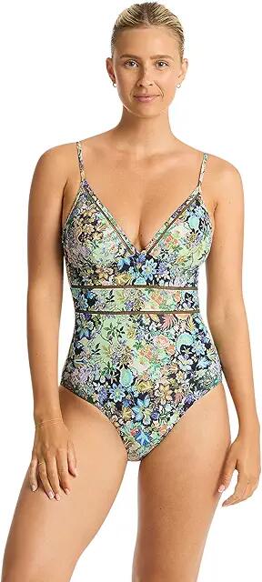 SEA LEVEL SWIM Wildflower Spliced Tri One-Piece (Sea) Women's Swimsuits One Piece Cover