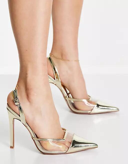 ASOS DESIGN Peridot slingback high heeled shoes in clear and gold Cover